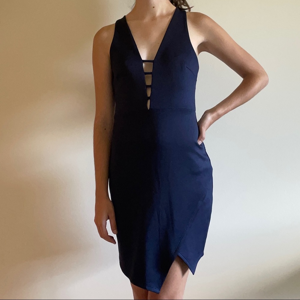 Soprano Navy Blue Asymmetrical Cocktail Dress